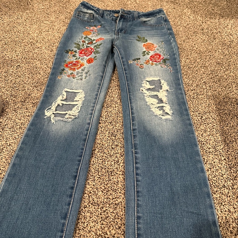 Girls size 10 flower embroidered ripped jeans